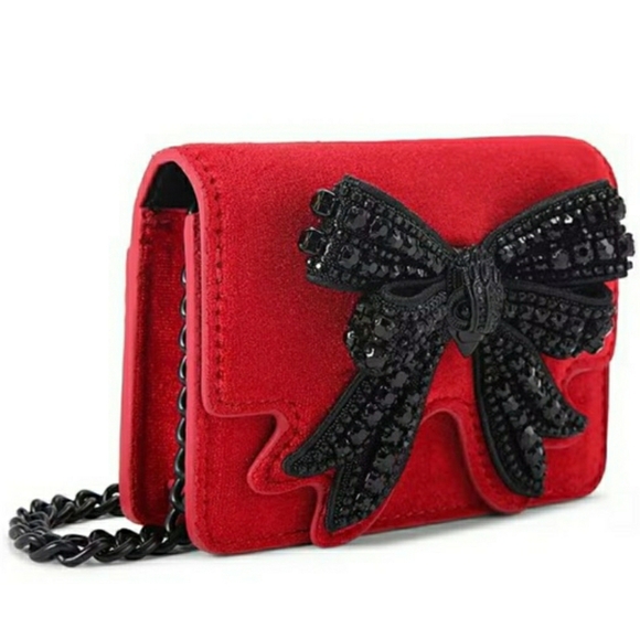 NIB!! Kurt Geiger Red Velvet Crossbody Bag w/ Black Rhinstone Bow (Collectors) - Picture 2 of 10
